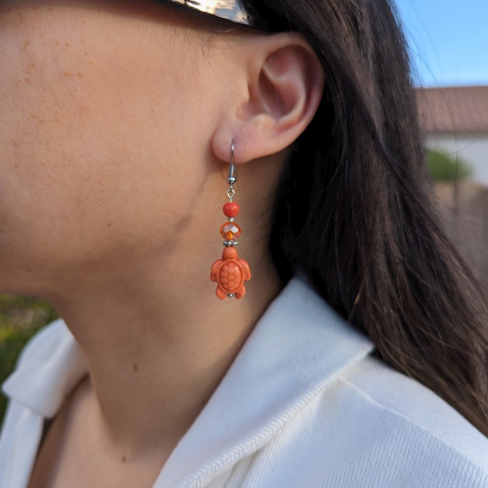 Handmade Fashion Jewelry Orange Turtle Silver Plated Dangling Earrings